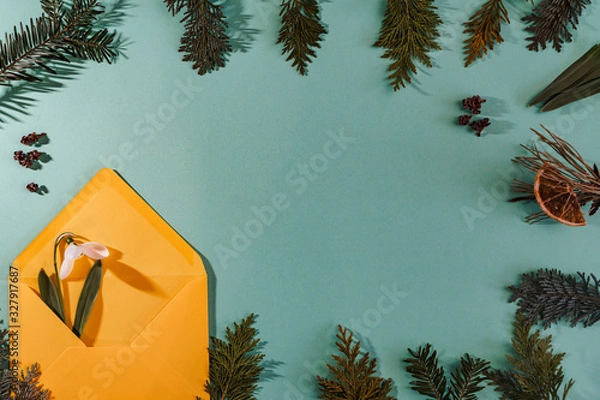 Fototapeta Spring time, Increasing position of snowdrops on a turquoise background, top view, modern and simple decor