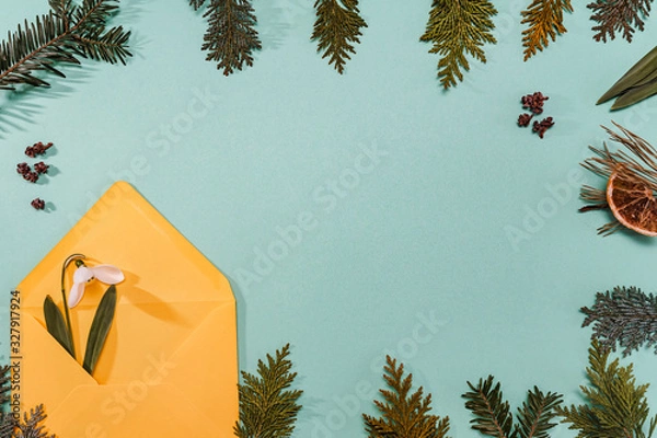 Fototapeta Spring time, Increasing position of snowdrops on a turquoise background, top view, modern and simple decor