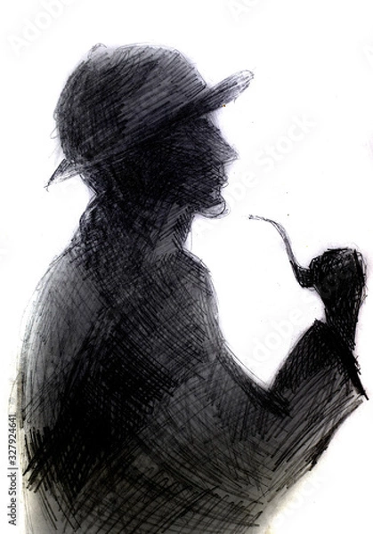 Fototapeta Dark silhouette of man with a pipe. Illustration of the image of Sherlock Holmes.