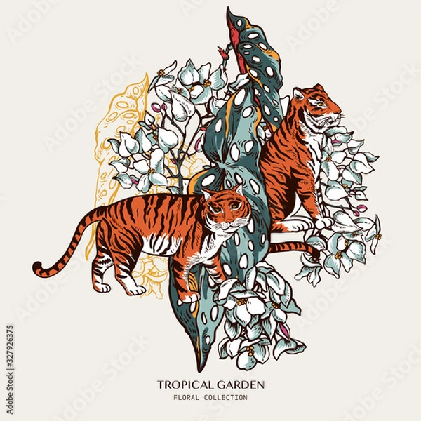 Fototapeta Vintage natural tropical greeting card with tiger, blooming begonia maculata