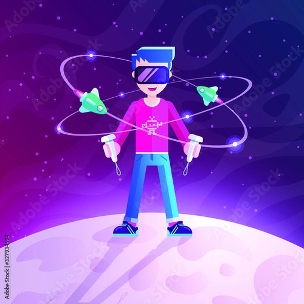 Fototapeta Boy playing a Virtual Reality space shooter game standing on a planet