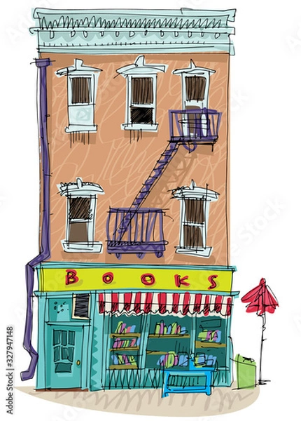 Obraz Bookshop building facade. A row of books in the window. Vector illustration. Hand drawn illustration. Cartoon. Caricature