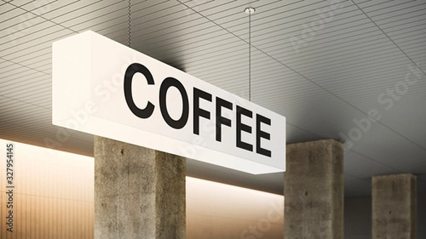 Fototapeta Coffee board hanging from ceiling. Coffee sign outside cafe or restaurant. White horizontal rectangular coffee signage with a modern font hanging from the ceiling in a shopping mall. 3D render.