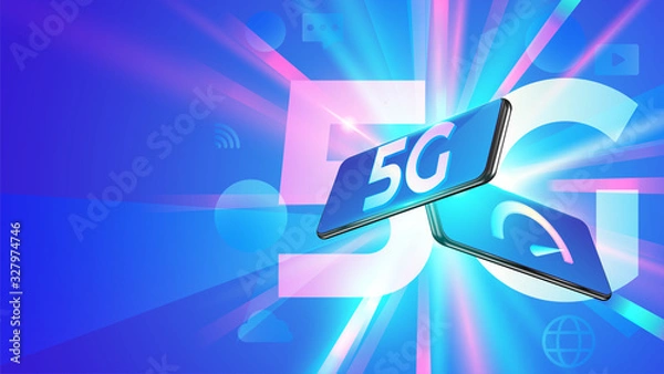 Fototapeta New 5th generation of internet, 5G network wireless with High speed connection online gaming, downloading, online music and movies on smartphone concept. Vector illustration.