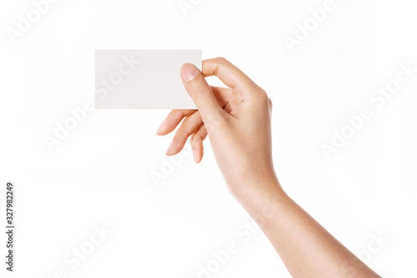 Fototapeta Woman hand hold a empty name card isolated on white.