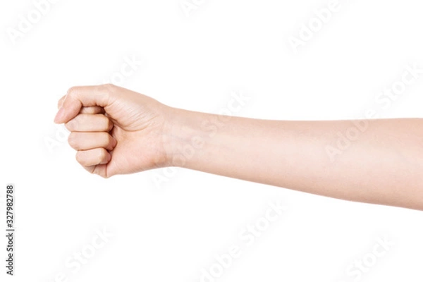 Fototapeta woman hand gesture (power, fist, attack) isolated on white.