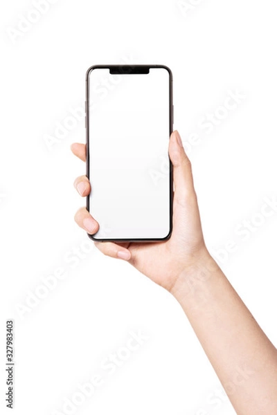 Fototapeta Woman hand hold a smartphone, empty screen side isolated on white.