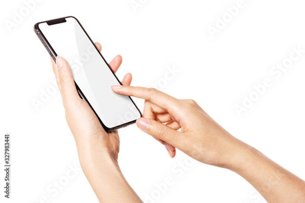 Fototapeta Woman hand hold a smartphone, empty screen side isolated on white.