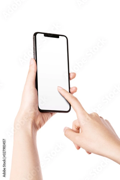 Fototapeta Woman hand hold a smartphone, empty screen side isolated on white.