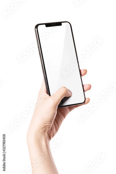 Fototapeta Woman hand hold a smartphone, empty screen side isolated on white.