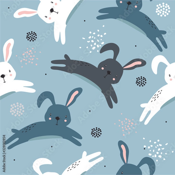 Fototapeta Happy bunnies, hand drawn backdrop. Colorful seamless pattern with animals. Decorative cute wallpaper, good for printing. Overlapping background vector, rabbits