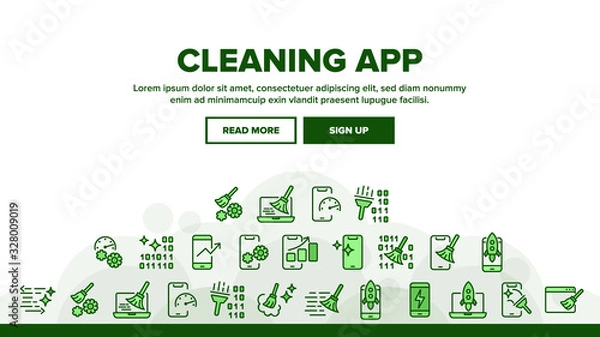 Fototapeta Cleaning Application Landing Web Page Header Banner Template Vector. Binary Code And Rocket On Screen, Mechanism Gear And Broom Cleaning App Illustration