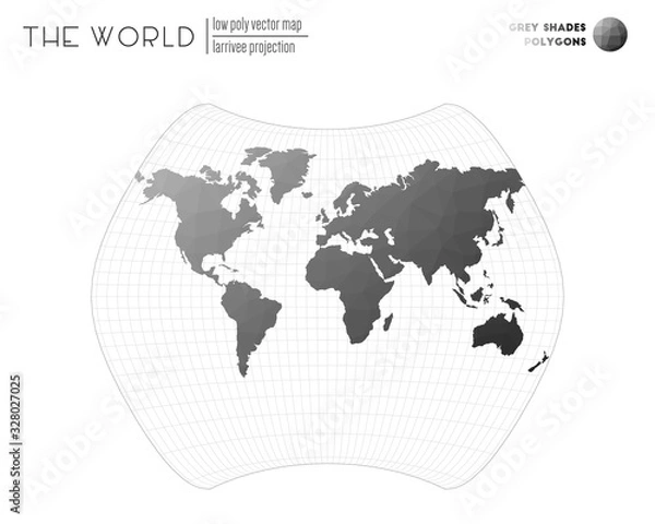 Fototapeta Abstract geometric world map. Larrivee projection of the world. Grey shades colored polygons. Stylish vector illustration.