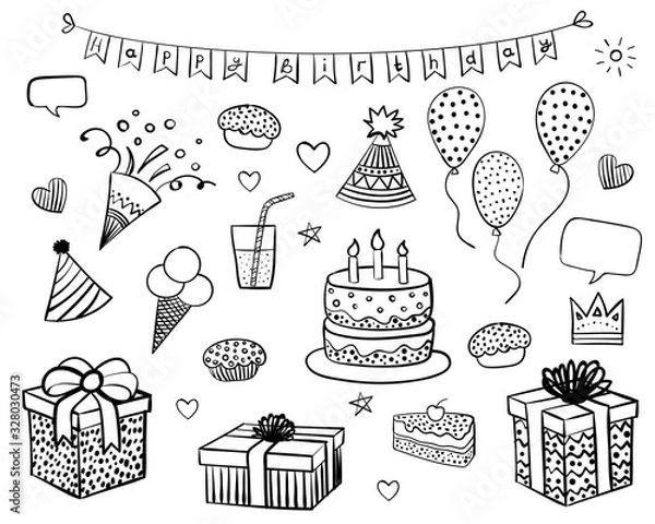 Obraz Set of decoration and food elements for birthday party. Flag, cake, cupcake, pie, party hat, air balloons, gifts, presents, box, firework, ice cream, coctail. Vector doodle for coloring book