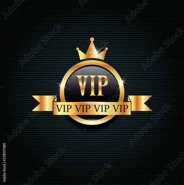 Fototapeta Luxury VIP invitation design template. Vector golden ring with ribbon and crown on black background. Premium label or card template design