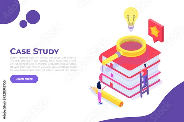 Fototapeta Case study concept with tiny character. Web page template. Flat style isometric vector illustration.