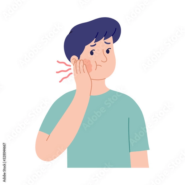 Fototapeta vector illustration of a young man holding his cheek due to a toothache, an expression of a man's pain due to a toothache and his swollen cheeks