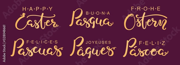 Fototapeta Set of hand written lettering quotes Happy Easter in English, Italian, Spanish, Portuguese, German, French. Isolated gold on purple. Vector illustration. Flat style design. Concept, element for card.