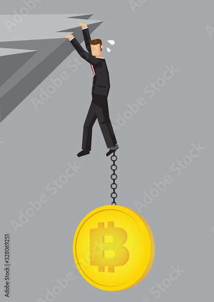 Obraz Businessman pulling down by bitcoin on a cliff.