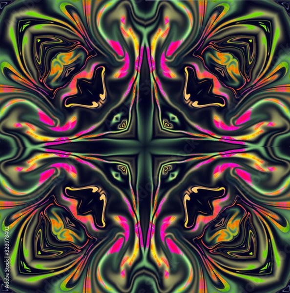 Fototapeta Mandala cross kaleidoscope abstract geometric colorful seamless pattern background . Unique kaleidoscope design repeated squares and blocks background.
