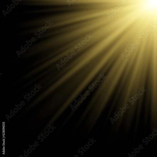 Fototapeta The rays of the sun or light, on black background. Golden light from a searchlight, lighting a scene. EPS 10