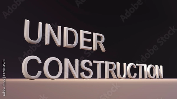 Obraz 3D render of the words under construction. inscription on a black background, an interesting angle. reconstruction sign, spotlighted. giant white letters.
