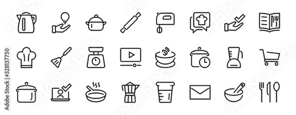 Obraz Set of icons for cooking and kitchen, vector lines, contains icons such as a knife, saucepan, boiling time, mixer, scales, recipe book. Editable stroke, perfect 480x480 pixels, white background
