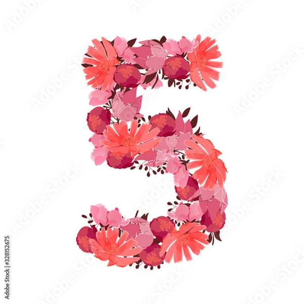 Obraz Vector flower number 5. Botanical character, figure. Pink, maroon, coral color flowers in the shape of a bold number isolated on white background. Chicory, peonies, lilies with branches.