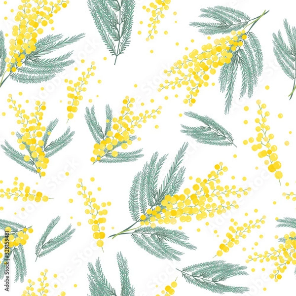 Obraz Seamless spring pattern with mimosa flower. Bright yellow flowers background.