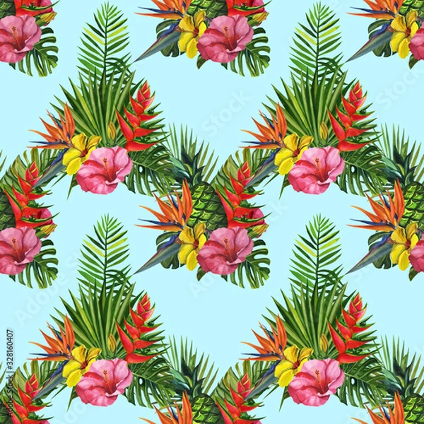 Fototapeta Watercolor seamless floral pattern with exotic flower hand drawing decorative background. Print for textile, cloth, wallpaper, scrapbooking