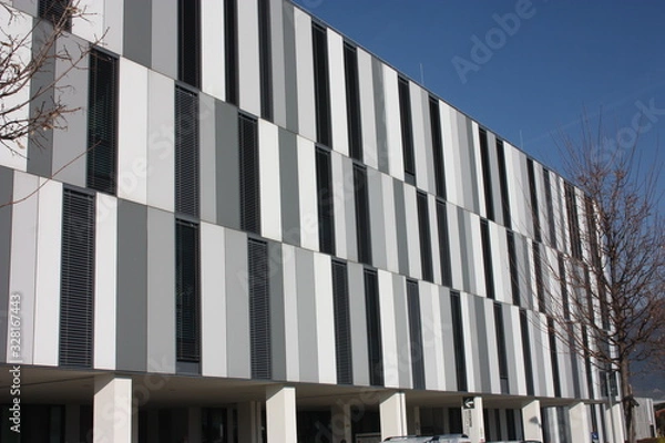 Obraz Public hospital healthcare facility in Italy in a building in northern Tuscany made of gray white and black vertical rectangular textures