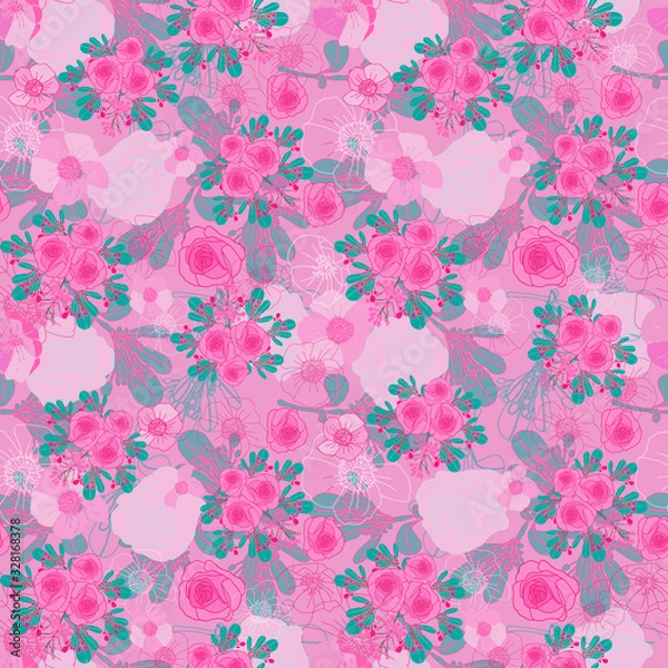 Obraz Pink Roses-Flowers in Bloom seamless repeat pattern. Multi Layer rose almond tree flowers and leaves pattern background in green,pink and white. Perfect for fabric, scrapbook,wallpaper