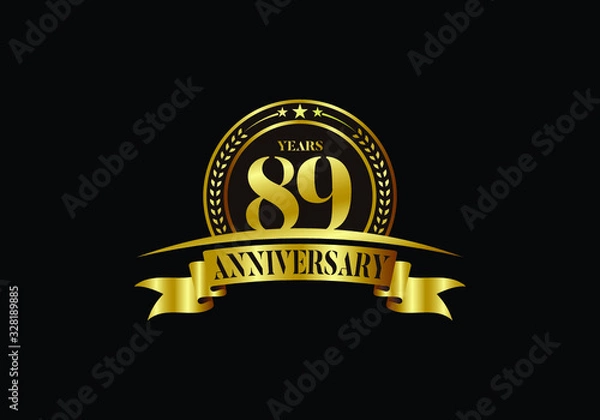 Fototapeta 89th years anniversary logo template, vector design birthday celebration, Golden anniversary emblem with ribbon. Design for a booklet, leaflet, magazine, brochure, poster, web, invitation or greeting