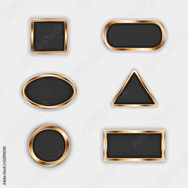 Fototapeta Vector set of elements for design, perforated metal mesh, buttons in gold frames of various shapes. Circle, square, oval, rectangle, triangle, 3d templates for illustration banners.