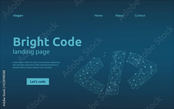 Fototapeta Landing page template with symbol of code in polygonal wireframe style. Vector concept for software development or coding event.