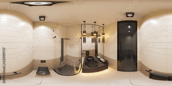 Fototapeta 3d illustration interior design spherical 360 seamless panorama of the bathroom with a corner shower