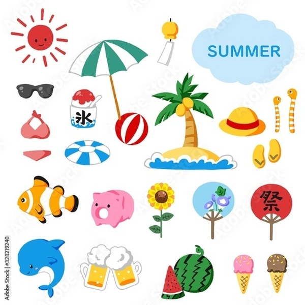 Fototapeta 手書き風　シンプルで可愛い夏素材のイラストセット