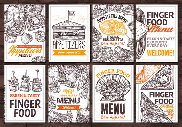 Fototapeta Vector sketch collection of finger food posters or cards. Set of templates and design for appetizer, catering, fourchette, refections with hand drawn food illustrations for menu