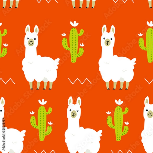 Fototapeta Cartoon vector llama alpaca flat style red seampless pattern