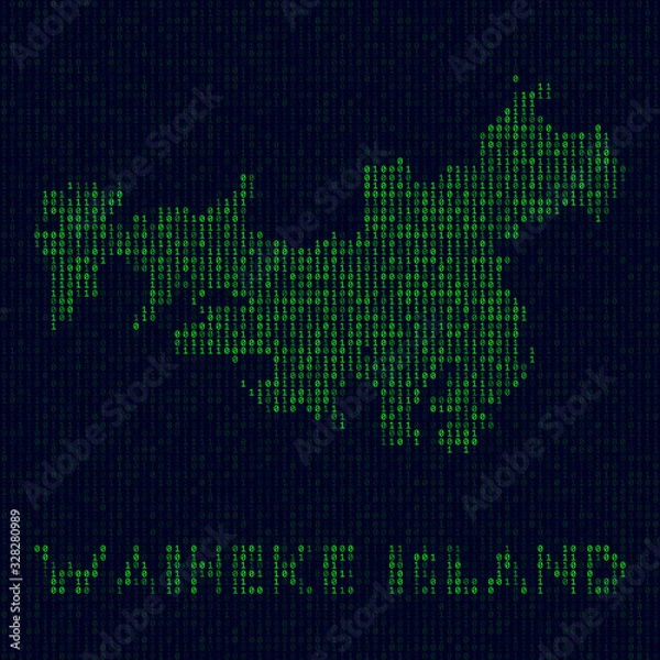 Obraz Digital Waiheke Island logo. Island symbol in hacker style. Binary code map of Waiheke Island with island name. Vibrant vector illustration.