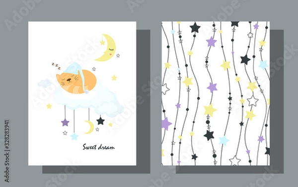 Obraz Postcards for sleep a cat in a hat sleeps on a cloud. Children's backgrounds with clouds, stars and the Moon