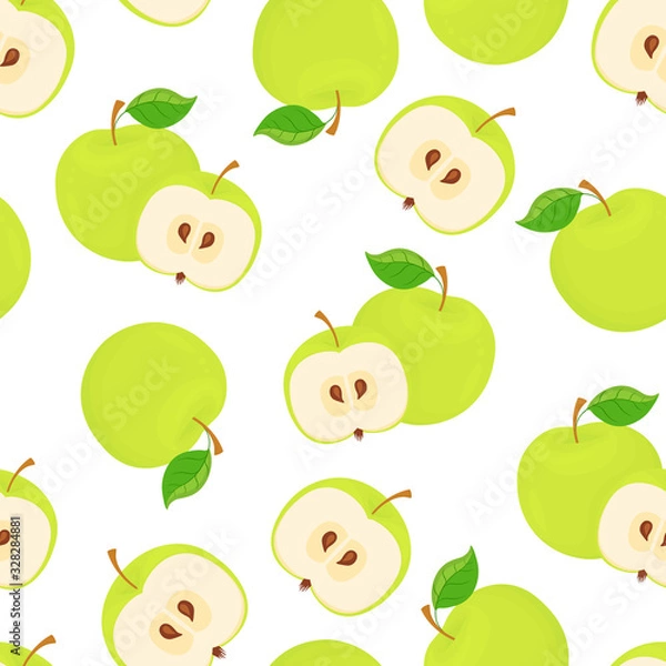 Fototapeta Seamless pattern with green apples and leaves on a white background. Vector illustration.