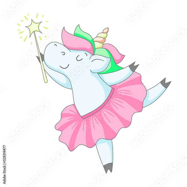 Obraz Cute unicorn fairy ballerina in a tutu in a dancing pose on tiptoe with a magic wand. Cartoon illustration isolated on white background.