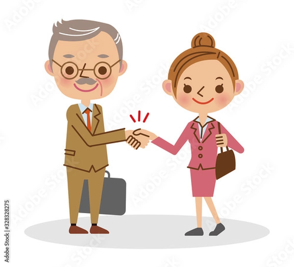Obraz 握手をするビジネスマン（シニア男性と若い女性）