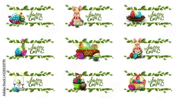 Fototapeta Happy Easter, collection postcards with Easter icons and frame of liana. Easter elements collection isolated on white background for your arts