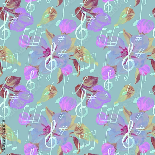 Fototapeta Notes and flowers, watercolor seamless pattern.