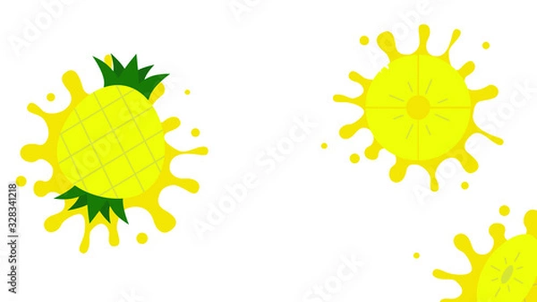 Fototapeta Fruit juice splash with pineapple slice. Summer drink and symbol fresh vitamin in cartoon silhouette and flat design. Vector illustration isolated on white background.