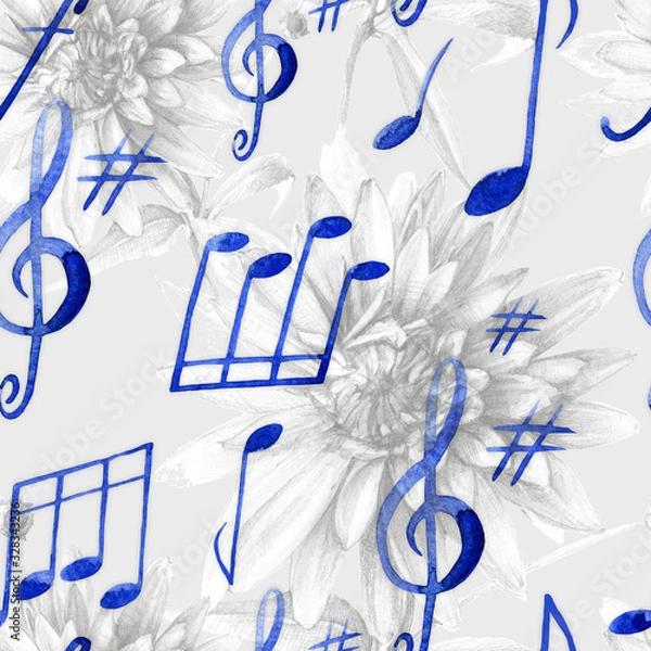 Fototapeta Notes and flowers, watercolor seamless pattern.