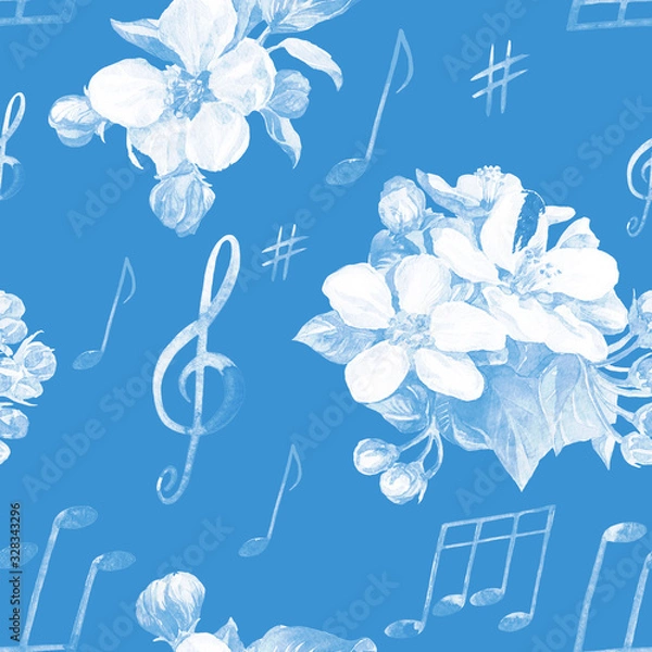 Fototapeta Notes and flowers, watercolor seamless pattern.