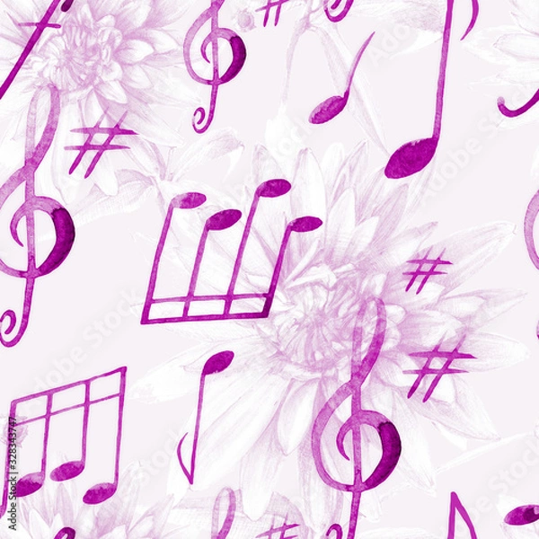 Fototapeta Notes and flowers, watercolor seamless pattern.